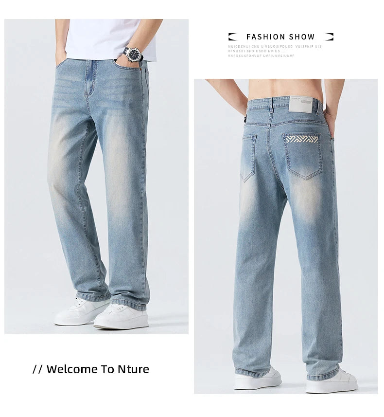 Summer Thin Men's Printed Jeans Breathable Fashion Business Loose Pants Washing Vintage Casual Denim Trousers Male