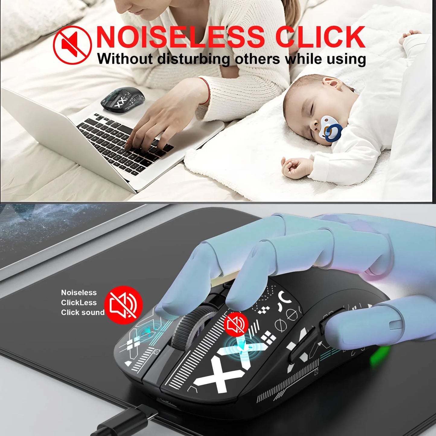 HXSJ T90  Thir-Mode wireless mouse (Wired+2.4G+BT) RGB Backlight 650mAh Gaming Mouse