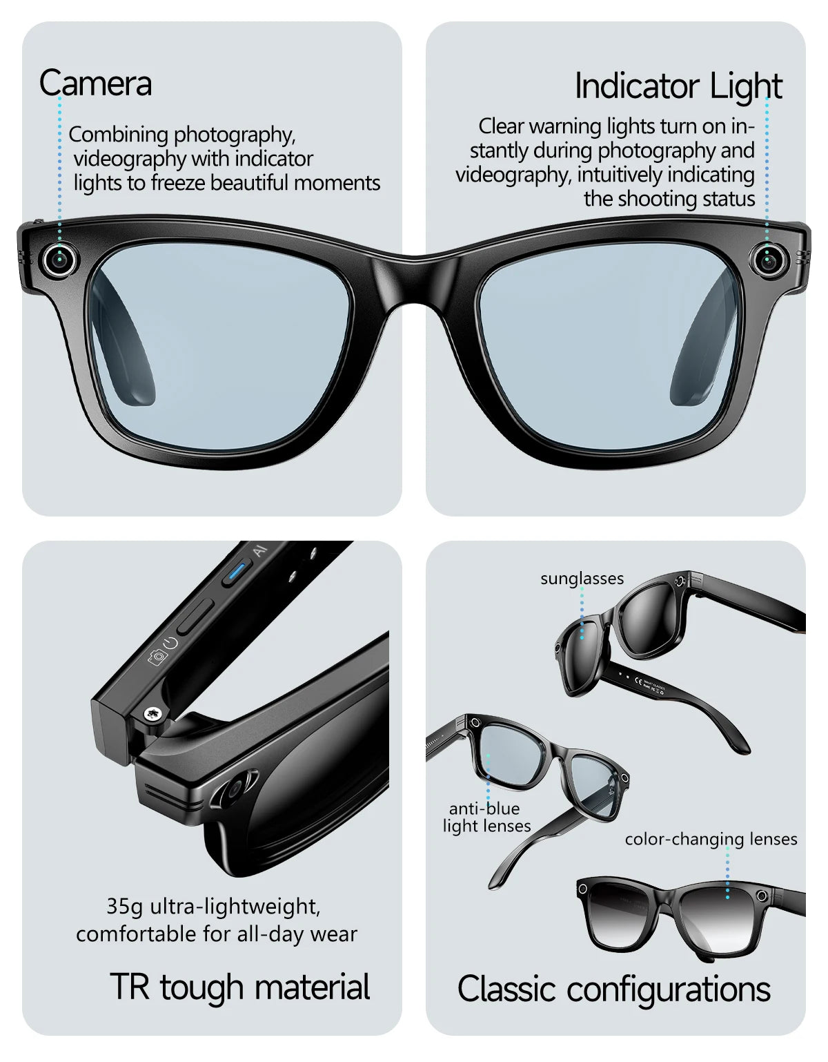 LIGE New Photochromic Lenses Smart Glasses 800W Camera HD Video Recording Bluetooth Call Glasses AI Smart Translation Sunglasses