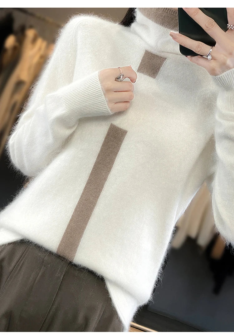 RONGYI 100% Mink Cashmere Women's Turtleneck Pullover Knitted Color Matching Fashion Casual Coat Autumn And Winter Hot Top