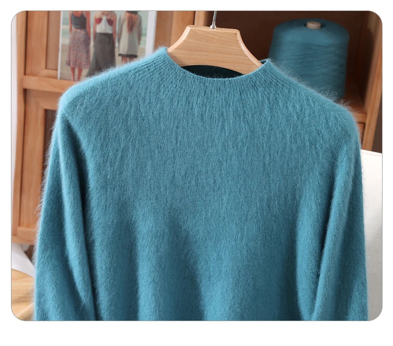 Women's Sweater Semi High Neck Autumn/Winter Pullover Long Sleeved High-End 100% Mink Fur Knitted Sweater Fashion Korean Version