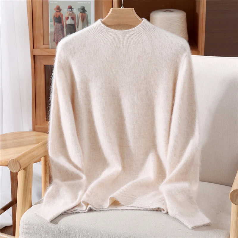 Women's Sweater Semi High Neck Autumn/Winter Pullover Long Sleeved High-End 100% Mink Fur Knitted Sweater Fashion Korean Version