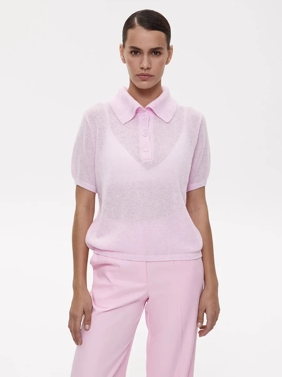 Wolfeel Summer New Polo Collar Hollow Knitted Short Sleeved Sweater Women's Bubble Sleeve T-shirt Female Simple Knitted Sweater