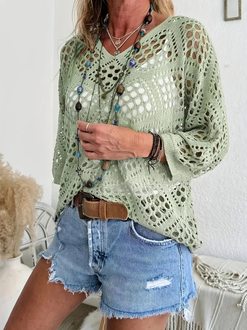 New Sexy V Neck Hollow Out Knitted Sweater Spring Solid Half Sleeve Cape Top Pullover Autumn Fashion Cover Up Women Beach Top