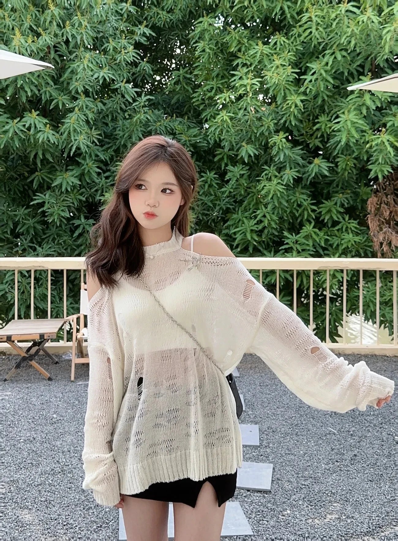 Exposed Shoulder Knitted Top Loose Women Y2k Aesthetic Hollow Out Thin Pullover Jacket Spring Summer Fashion Casual Sexy Sweater