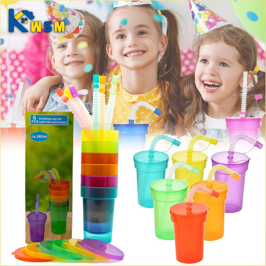 Colorful Expandable Plastic Straw Cup with Leak Proof Lid Siphon Mug for Summer Outdoor Travel Home Juice Milk Water DrinkingUse