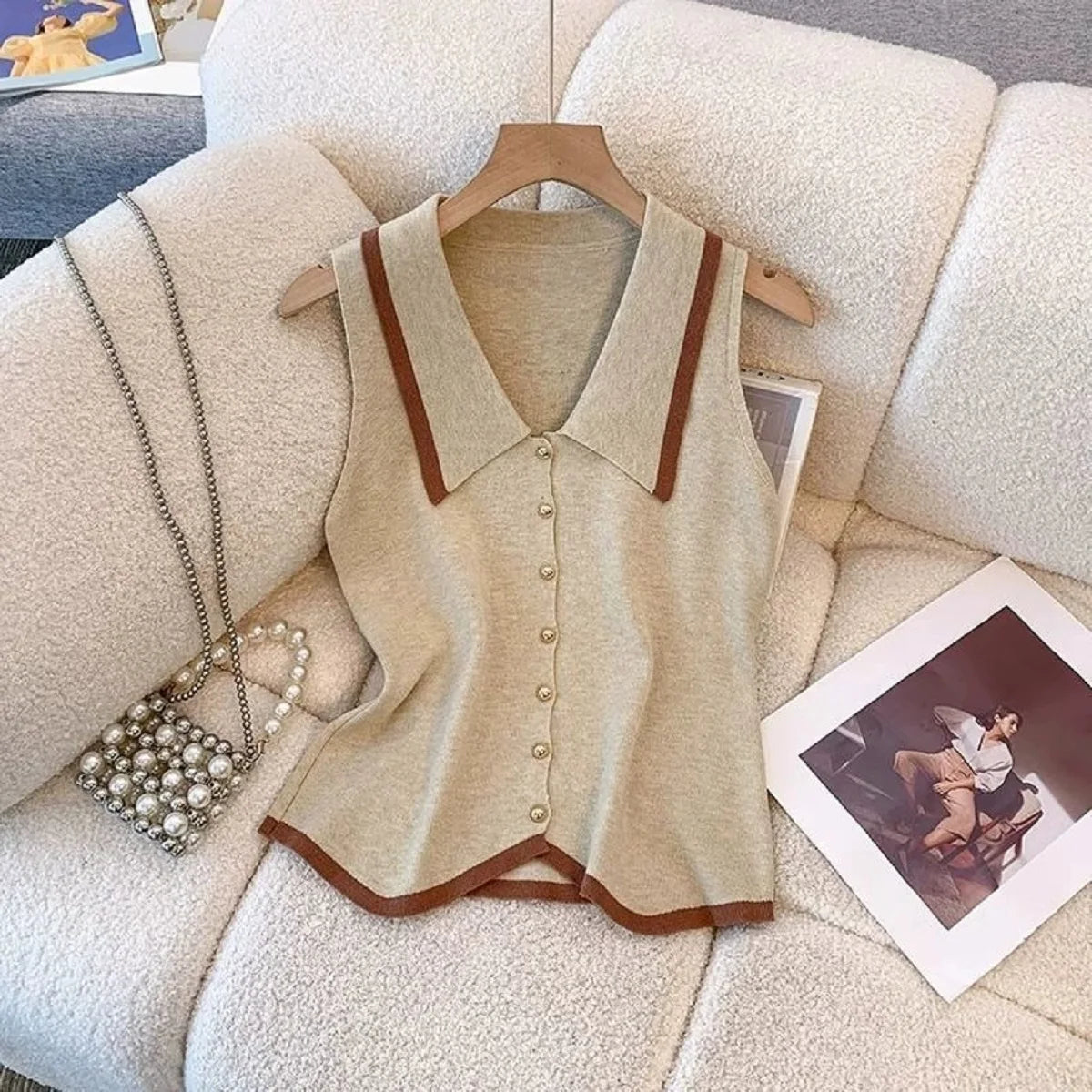 Women Summer Sweater Korean Fashion Polo Neck Slim Fit Knitted Vest Sleeveless Single Breasted Female Tank Top Clothing