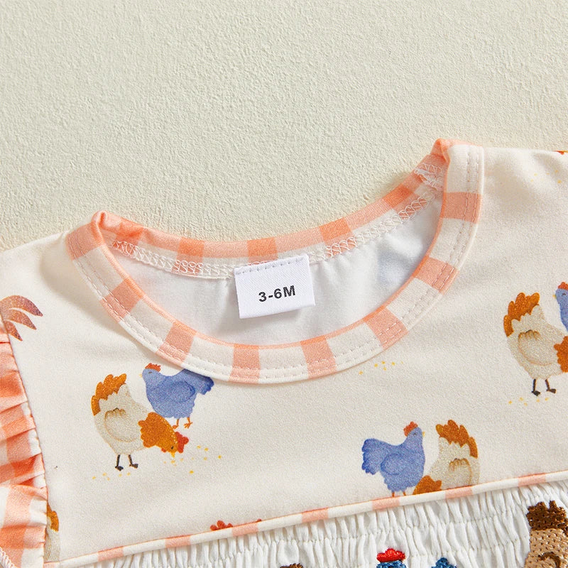 Newborn Baby Girl Romper Farm Chicken Outfit Ruffle Smocked Plaid Bodysuit Western Country Summer Clothes