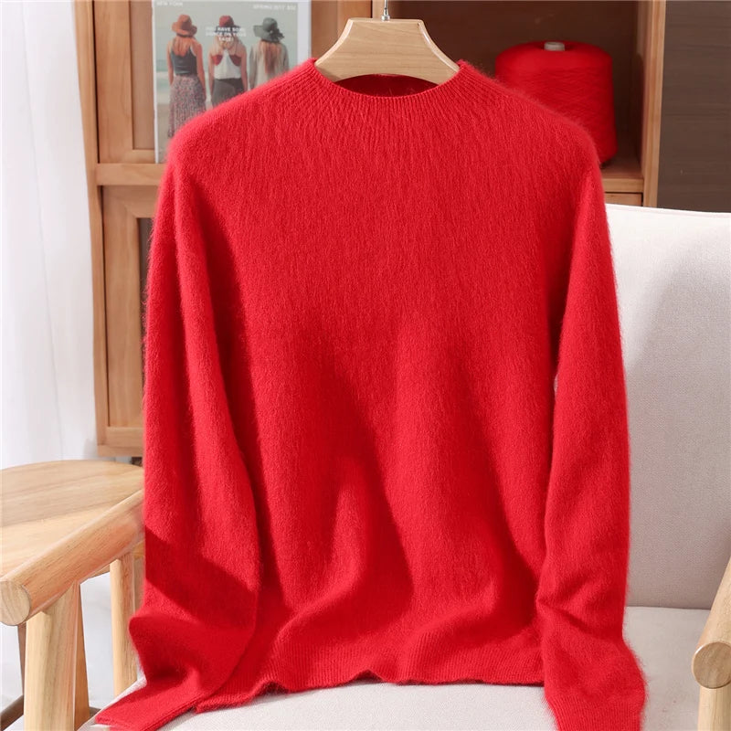 Women's Sweater Semi High Neck Autumn/Winter Pullover Long Sleeved High-End 100% Mink Fur Knitted Sweater Fashion Korean Version