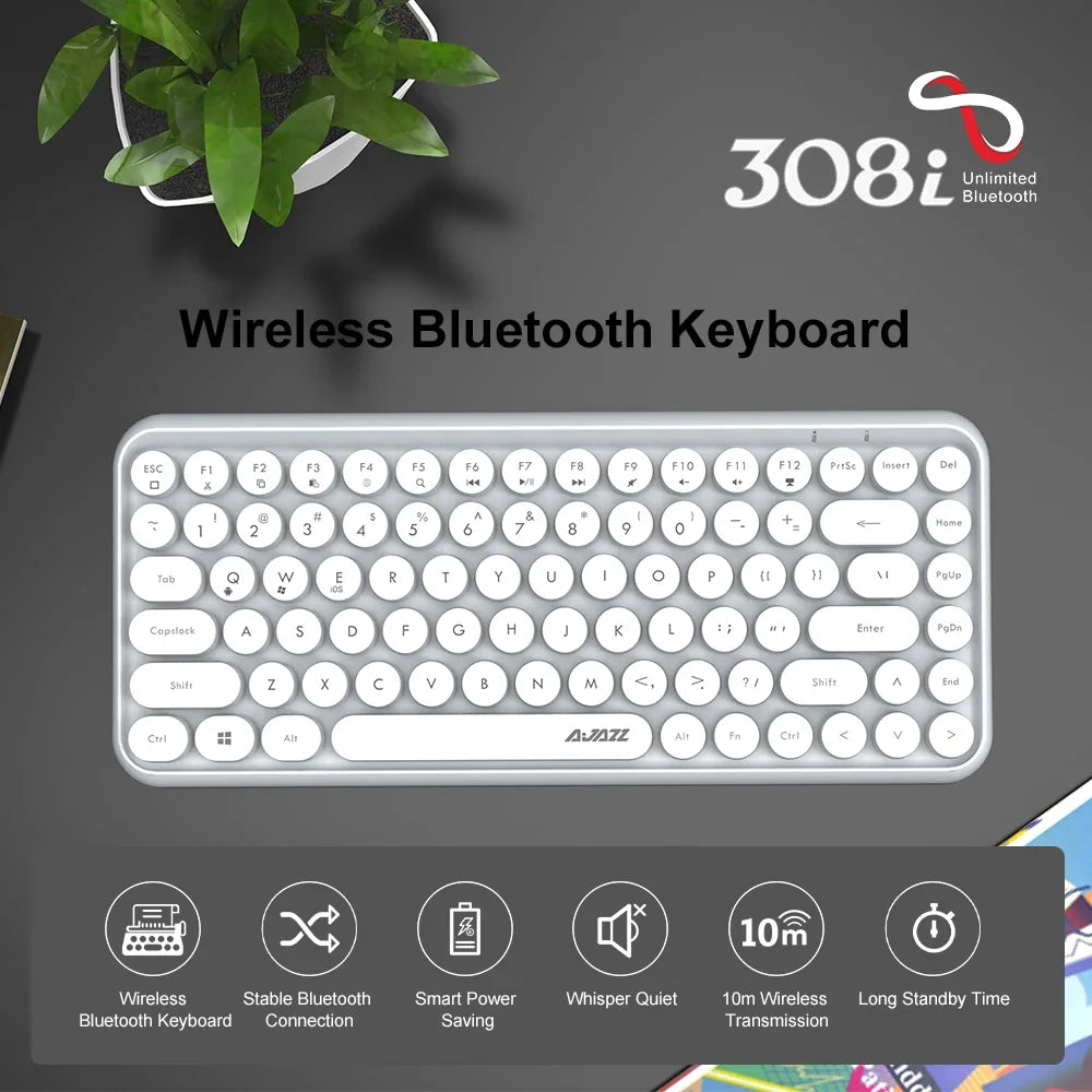 Ajazz 308I Wireless Bluetooth Keyboard 84 Keys Multi-Device Portable Keyboard Retro Typewriter Round Keycaps for IOS Android Win