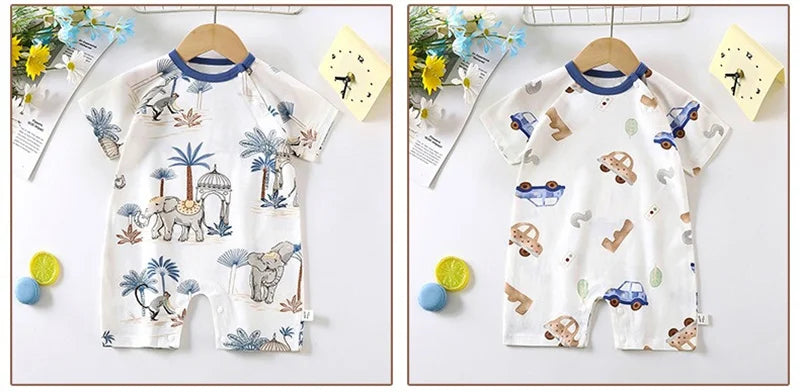 Cute Baby Cartoon Jumpsuit Summer Short Sleeved Thin Cotton Newborn Infant Clothing Bodysuit Boys Girls Crawling Clothes Rompers