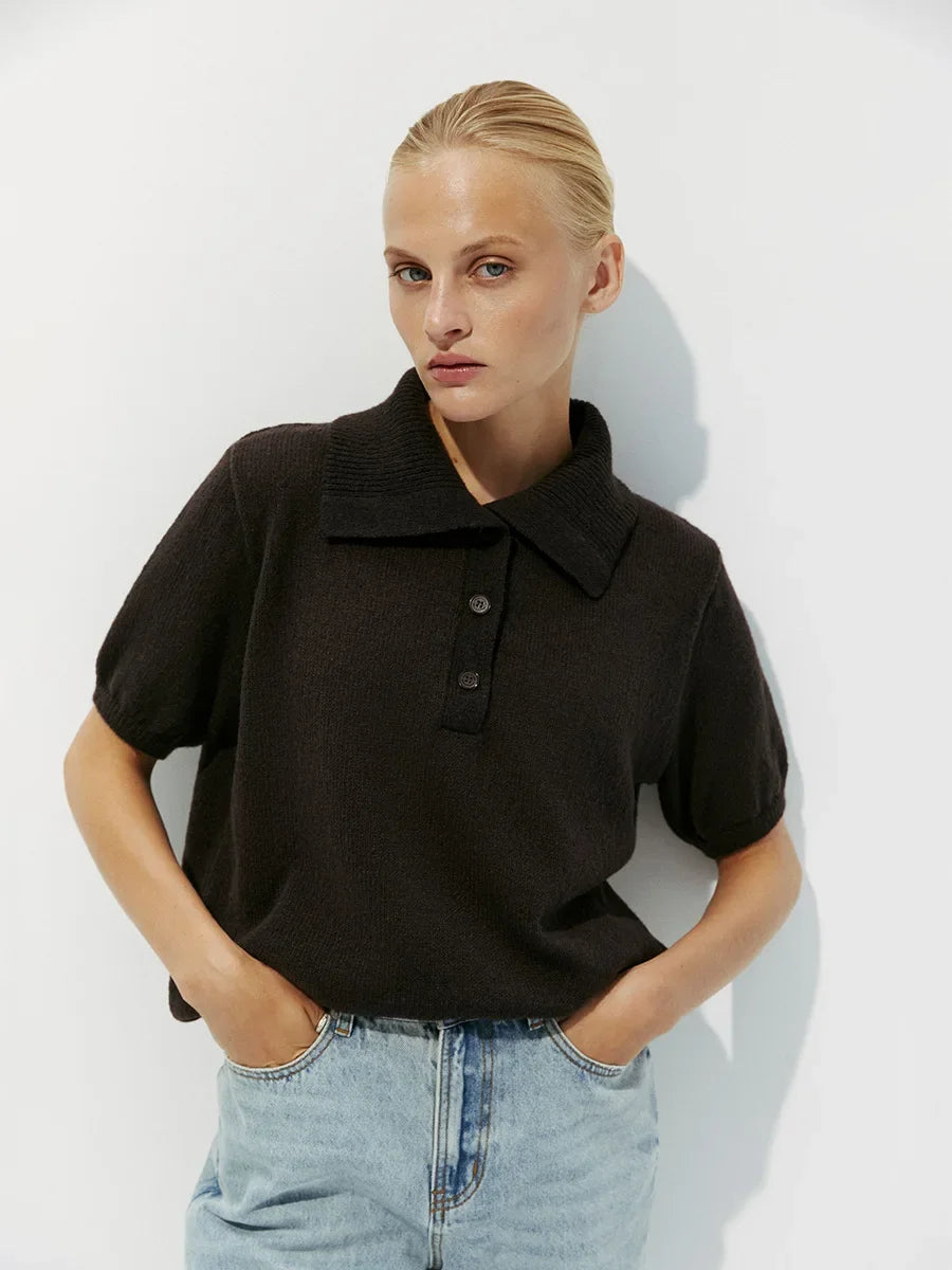 Wolfeel Summer New Polo Collar Hollow Knitted Short Sleeved Sweater Women's Bubble Sleeve T-shirt Female Simple Knitted Sweater