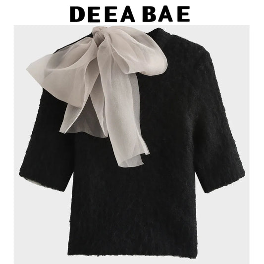 DEEABAE Women's Clothing Sales Trend 2024 Sweet Transparent Bow Decoration Short Sleeve Pullovers Knitwear Women's Sweater