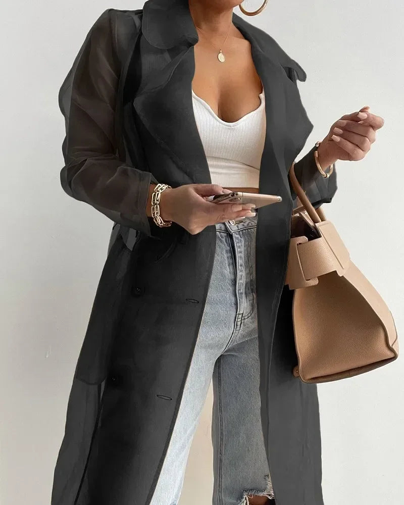 Joskaa Solid Organza See Through Lapel Full Sleeve Trench 2023 Summer Women Fashion Buttoned Coat with Belt Elegant Shirts