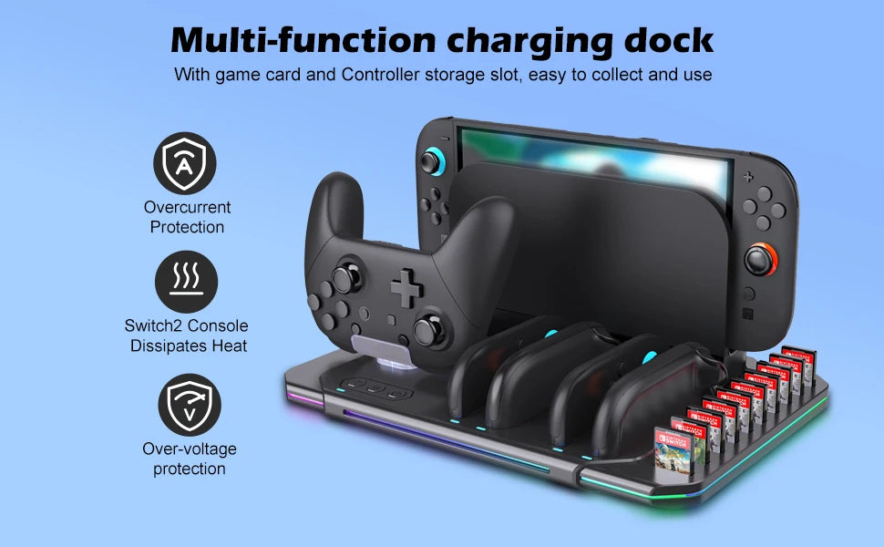 Multi-functional Cooling & Charging Stand SW2139 for Switch 2 with Cooling Fan,10 Game Card Slots & Offering 9 Adj Light Effects