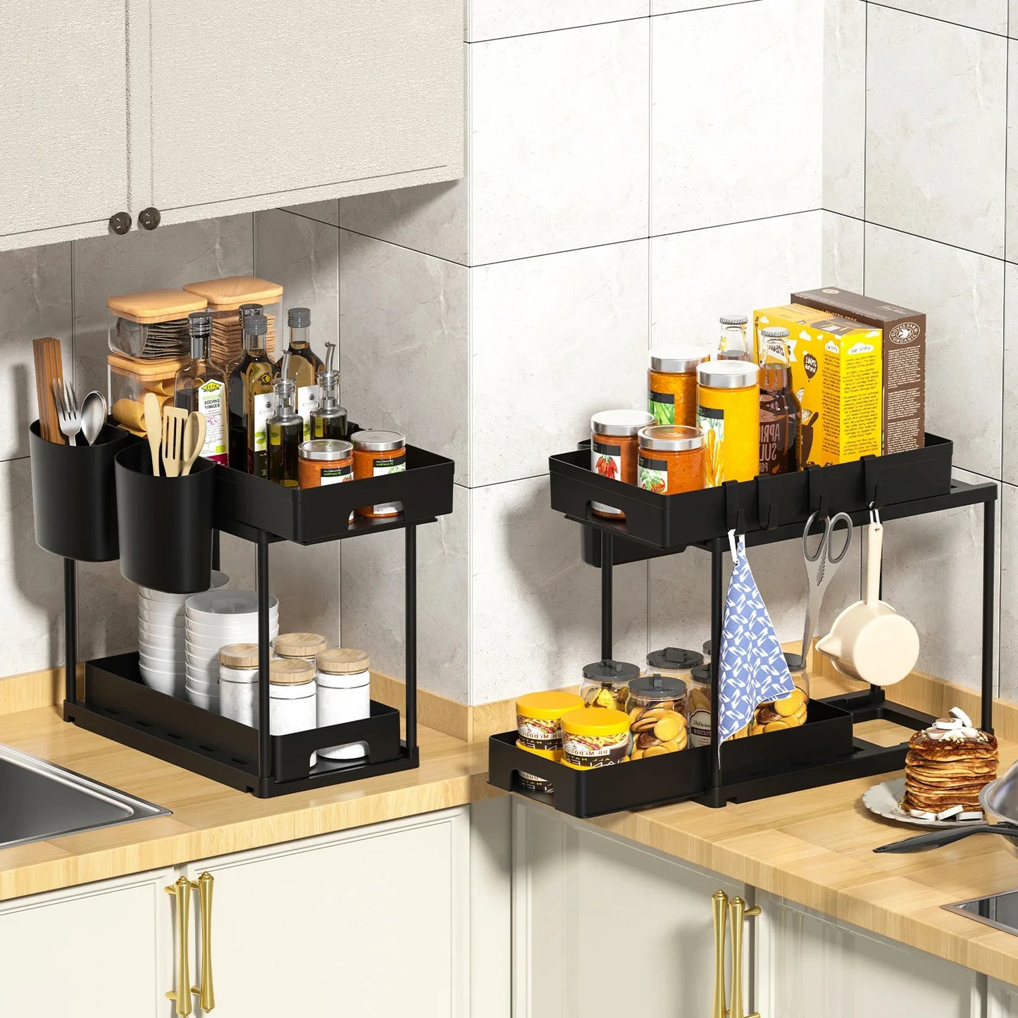 Under Sink Kitchen Organizer, 2-Pack Expandable Kitchen Organizer, Multi-Purpose Kitchen Personalized Style (Customizable)