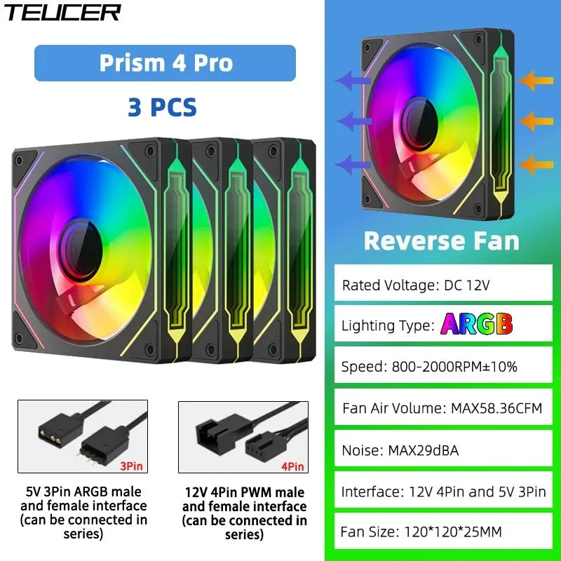 TEUCER Prism 4 PRO 3PCS PC Case Fan 120mm ARGB Cyclic Mirror Light Effect PWM 800-2000RPM CPU Cooler ventilador