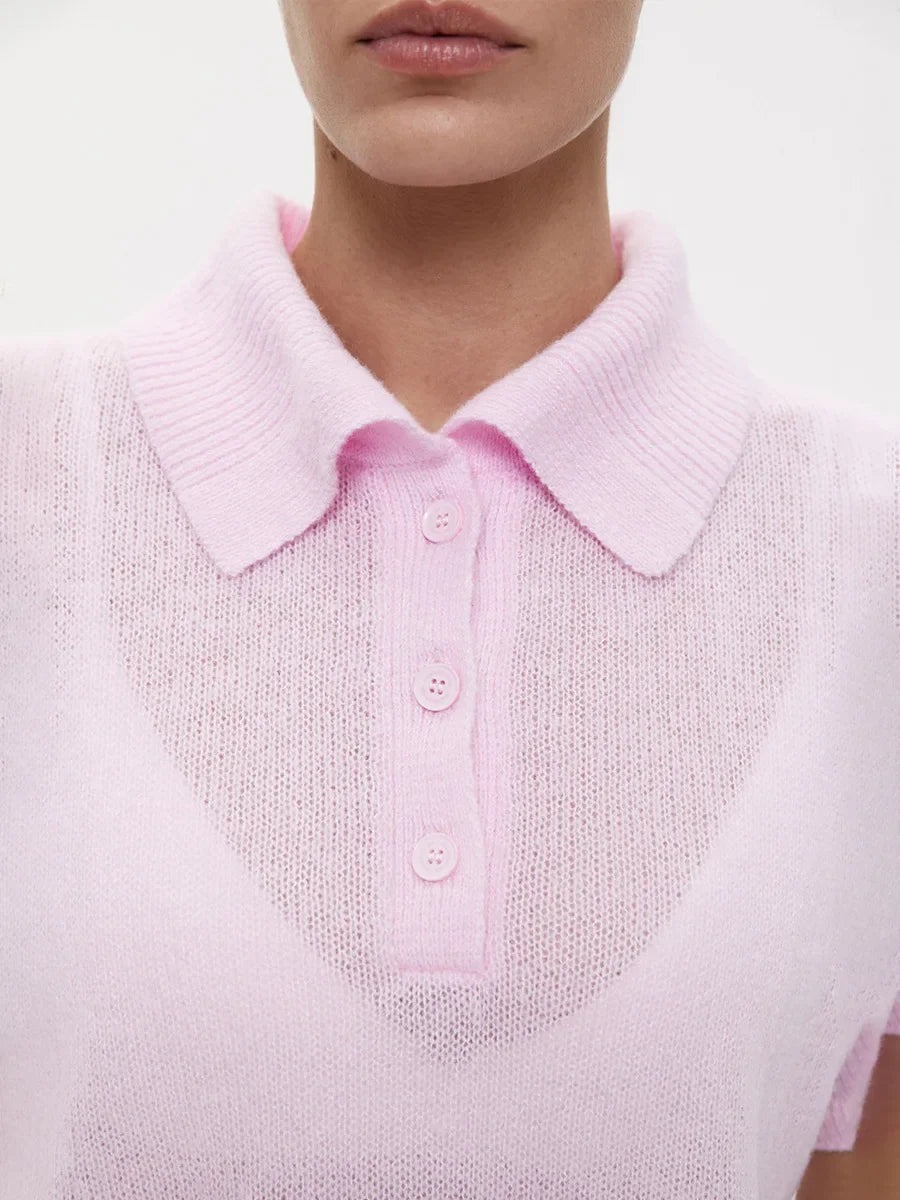 Wolfeel Summer New Polo Collar Hollow Knitted Short Sleeved Sweater Women's Bubble Sleeve T-shirt Female Simple Knitted Sweater