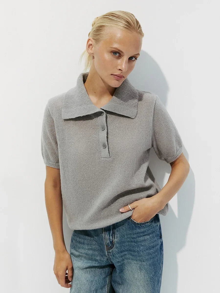 Wolfeel Summer New Polo Collar Hollow Knitted Short Sleeved Sweater Women's Bubble Sleeve T-shirt Female Simple Knitted Sweater
