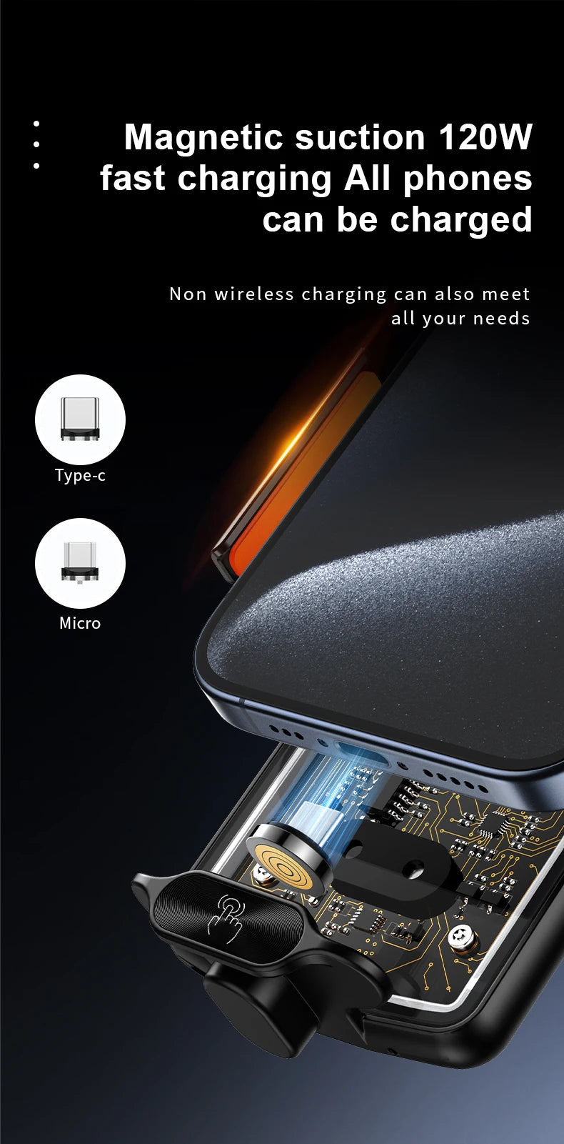 120W Magnetic Charger Car Phone Holder 15W Fast Wireless Charging Autocar Phone Stand Touch Control Lights for iPhone Xiaomi