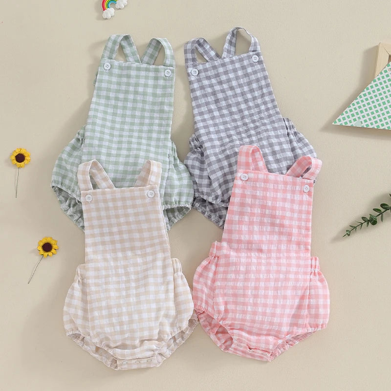 Summer Toddler Baby Girls Boys Overalls Romper Casual Sleeveless Plaid Stripe Print Jumpsuit Fashion Infant Newborn Clothes