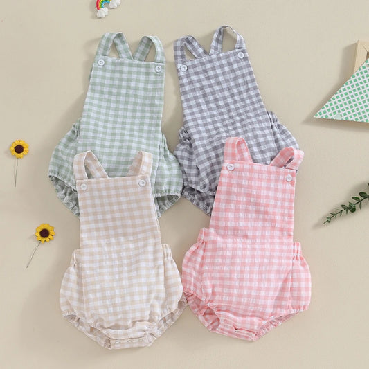 Summer Toddler Baby Girls Boys Overalls Romper Casual Sleeveless Plaid Stripe Print Jumpsuit Fashion Infant Newborn Clothes