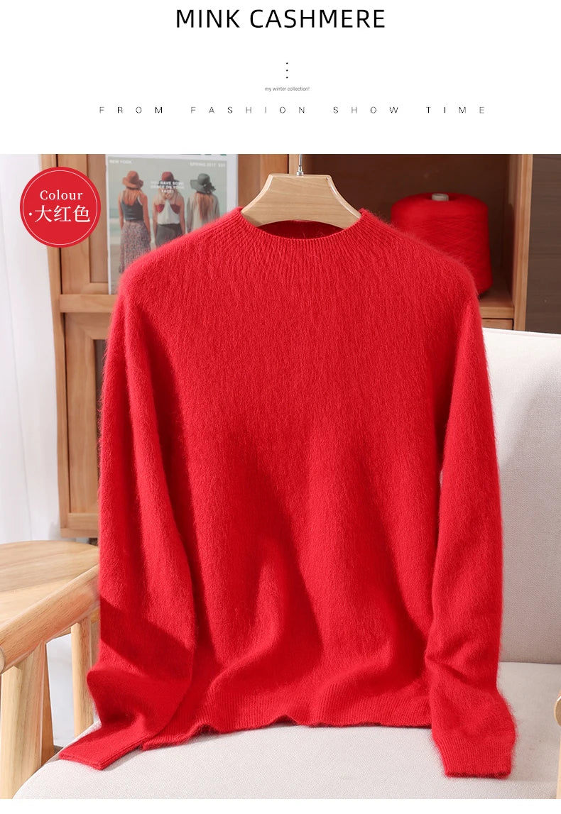 Women's Sweater Semi High Neck Autumn/Winter Pullover Long Sleeved High-End 100% Mink Fur Knitted Sweater Fashion Korean Version
