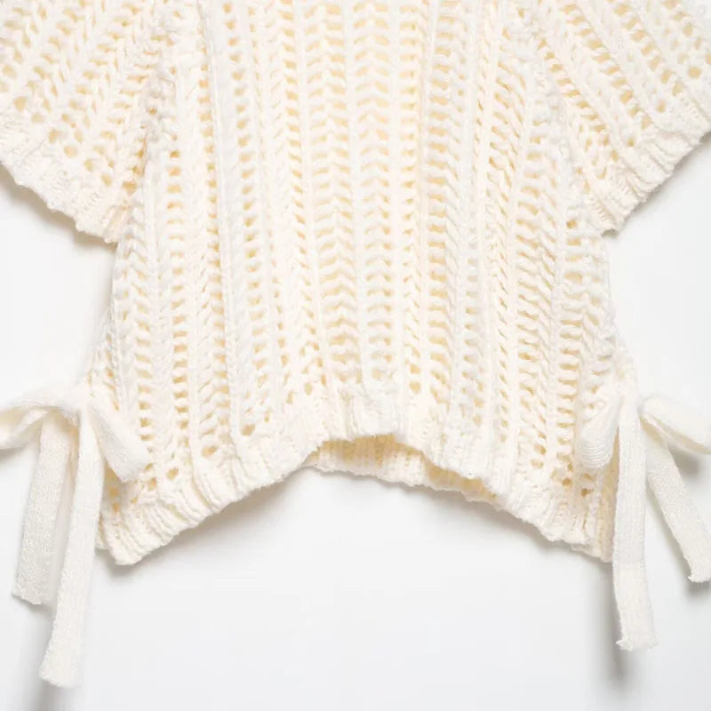 Female Clothing Cropped Net Sweater Cardigan For Women Korean Fashion Summer Knit Short Sleeve Cute Elegant Woman Crochet Top