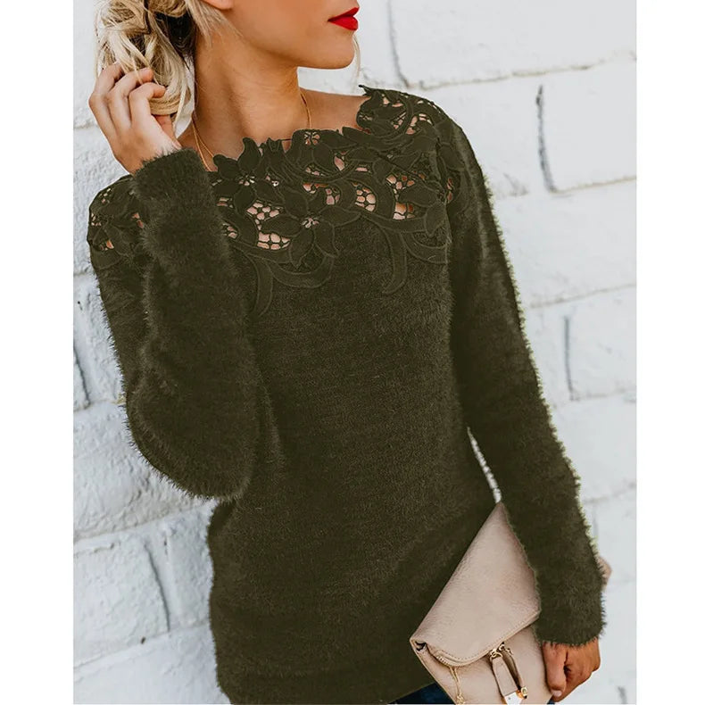 Autumn Winter Sweet Korean Fashion Casual Solid Pullover O-Neck Pullover Plush Warm Sweat Ladies Sweater Lace Women Knit Sweater