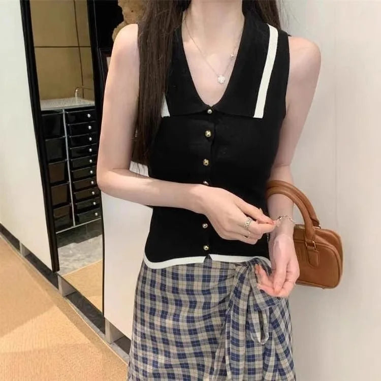 Women Summer Sweater Korean Fashion Polo Neck Slim Fit Knitted Vest Sleeveless Single Breasted Female Tank Top Clothing