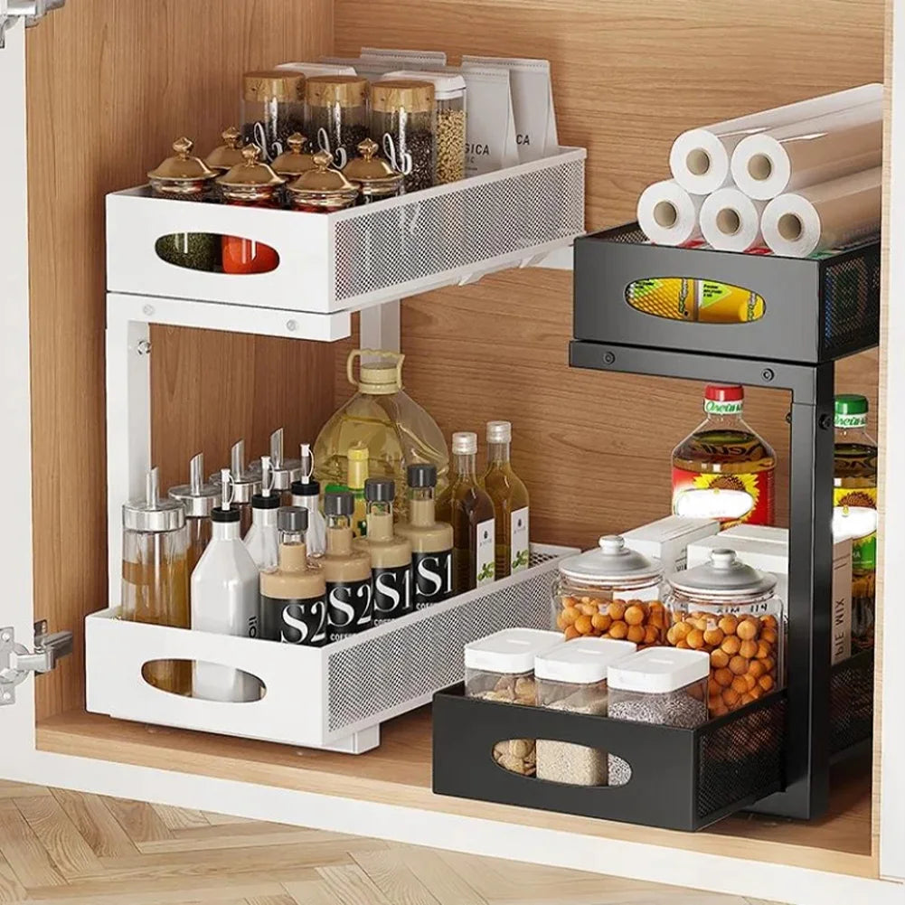 2 Tier Adjustable Height Under Sink Organizer with Sliding Drawer Pull Out Under Cabinet Kitchen Bathroom Organizer and Storage