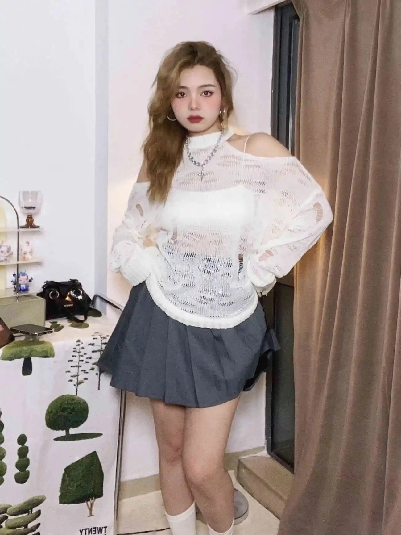 Exposed Shoulder Knitted Top Loose Women Y2k Aesthetic Hollow Out Thin Pullover Jacket Spring Summer Fashion Casual Sexy Sweater