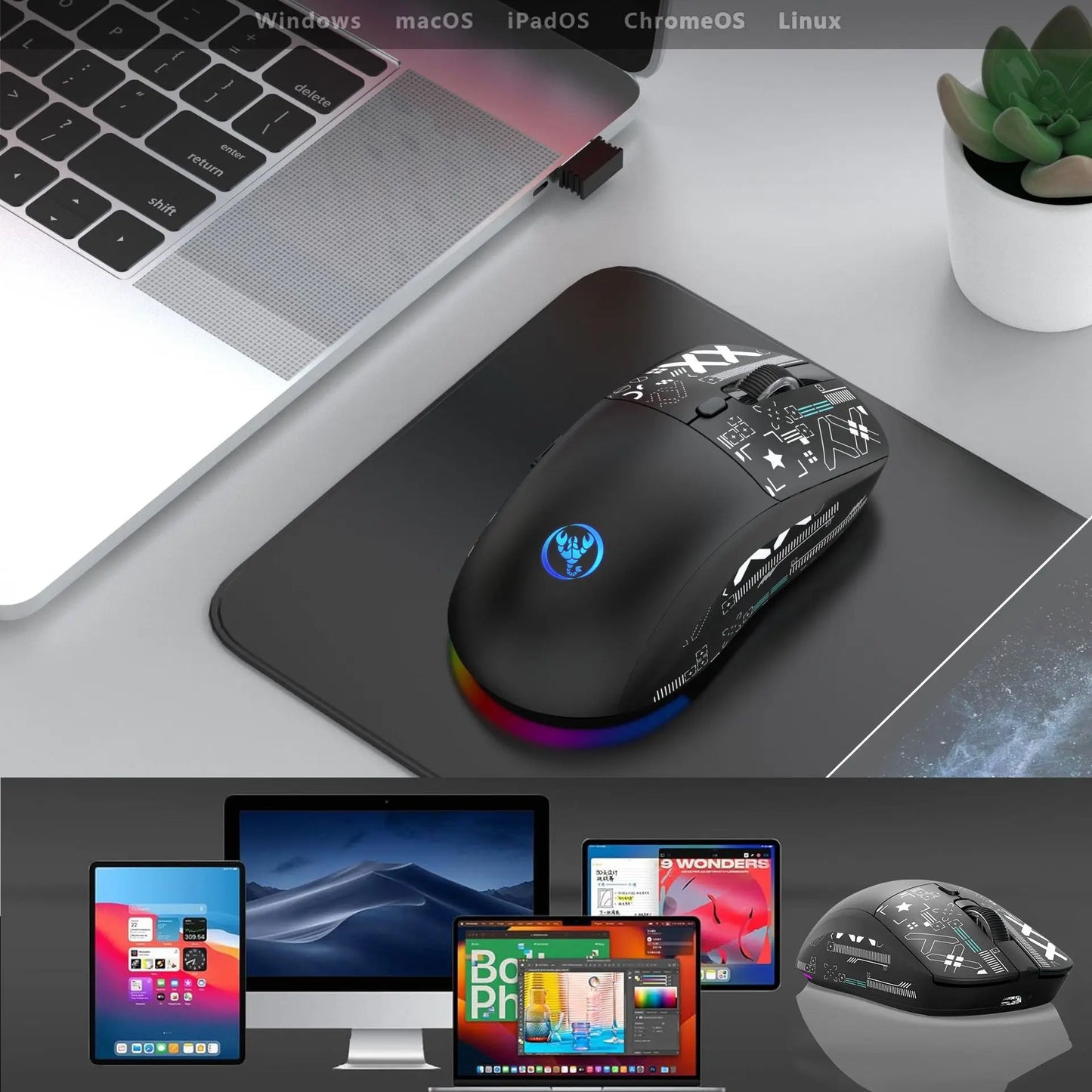 HXSJ T90  Thir-Mode wireless mouse (Wired+2.4G+BT) RGB Backlight 650mAh Gaming Mouse
