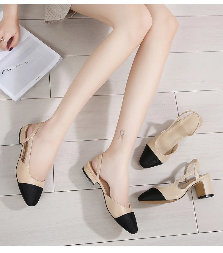 New Pointed Toe Sandals Fashion Low Square Heels Flat Shoes Korean Color Matching Party Ladies Shoes Chaussure Femme 2024