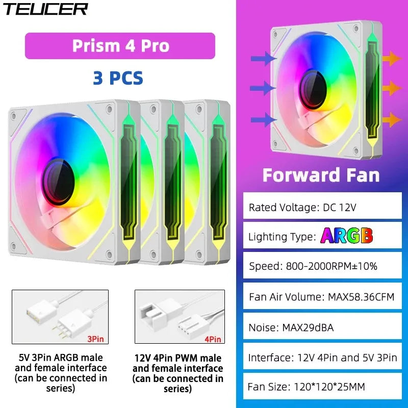 TEUCER Prism 4 PRO 3PCS PC Case Fan 120mm ARGB Cyclic Mirror Light Effect PWM 800-2000RPM CPU Cooler ventilador