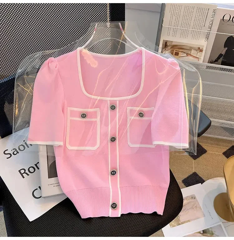 Summer Sweater Women's Knit T-shirt Casual Short Sleeve Woman Clothes Versatile Square Collar Lady Pullover Knitwear Tops Jumper