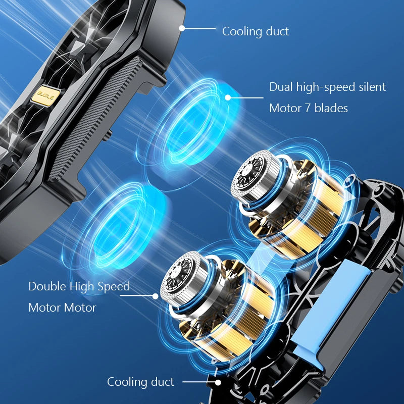 Dual Fan Mobile Phone Cooler Plug-in/Rechargeable Cell Phone Cooling Fan Type-C with Blue Light for Android IOS PUBG Game Cooler