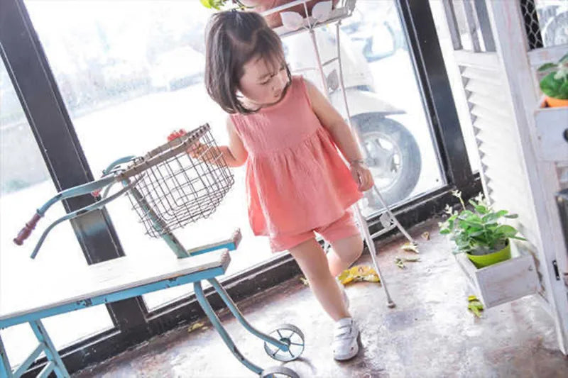 Baby Girls Outfits Clothes Summer Muslin Cotton Sleeveless Vest Dress Shorts Shirt Suits Fashion Top+Trousers Sets 2pcs 0-4T M