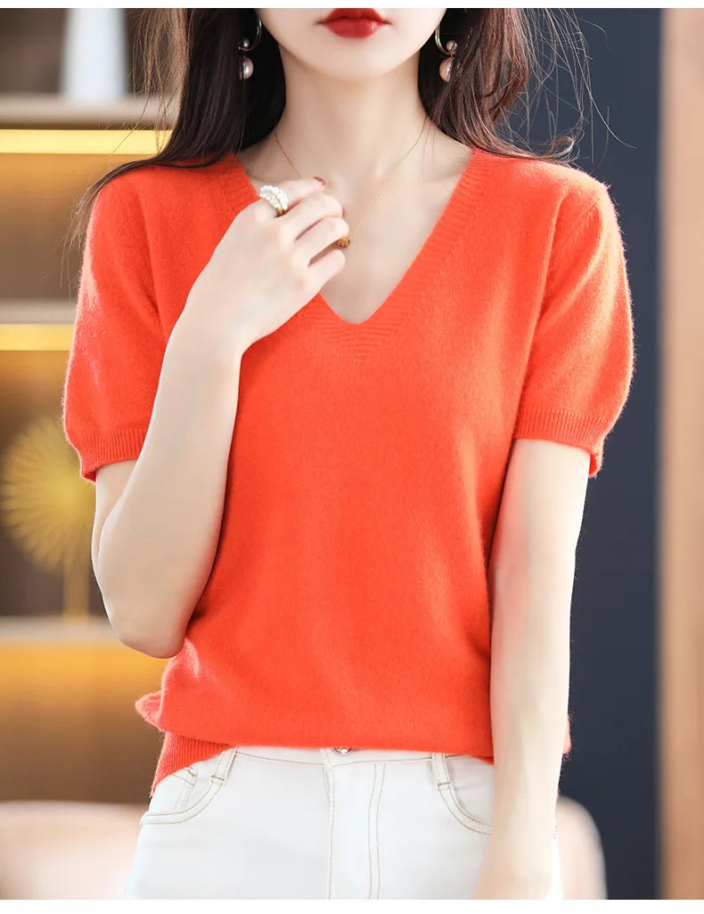 Spring Summer Women Sweater Knit Tshirts V-neck Short Sleeve Knitwears Korean Fashion Pullovers Solid Bottoming Shirt Jumper