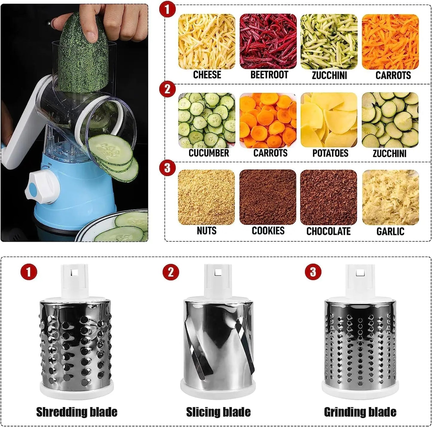 Cheese Grater Rotary, Rotary Grater for Kitchen, 3 in 1 Grater Vegetable Slicer with 3 Drum Blades,Fast Cutting Cheese Shredder