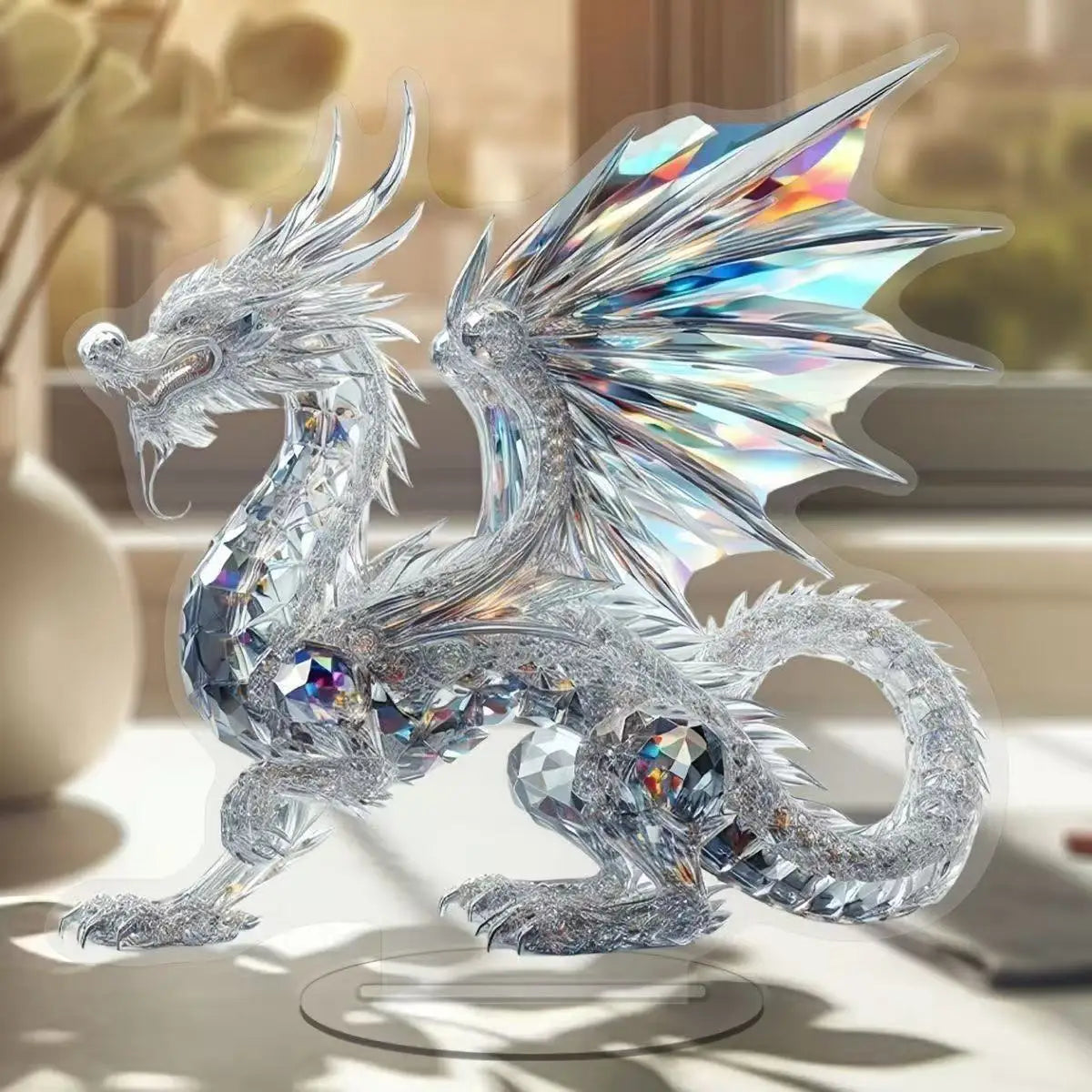 Acrylic White Crystal Dragon Statue 2D Flat Cool Figurine Office Cafe Living Room Studio Display Table Ornament Gift Home Decor