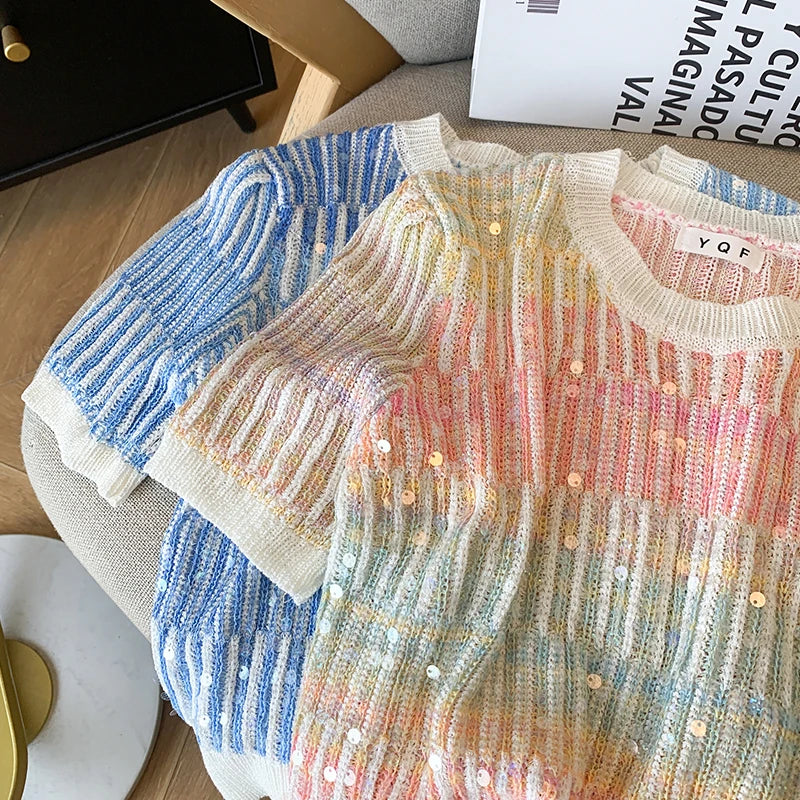 Summer Women's Sweater Sequins Striped Slim Knit Pullovers T-shirts Crop Tops Stylish Chic Fashion Short Sleeve O-neck Jumpers