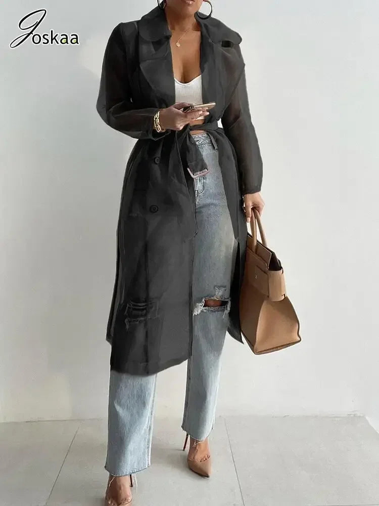 Joskaa Solid Organza See Through Lapel Full Sleeve Trench 2023 Summer Women Fashion Buttoned Coat with Belt Elegant Shirts
