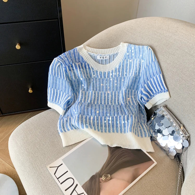 Summer Women's Sweater Sequins Striped Slim Knit Pullovers T-shirts Crop Tops Stylish Chic Fashion Short Sleeve O-neck Jumpers
