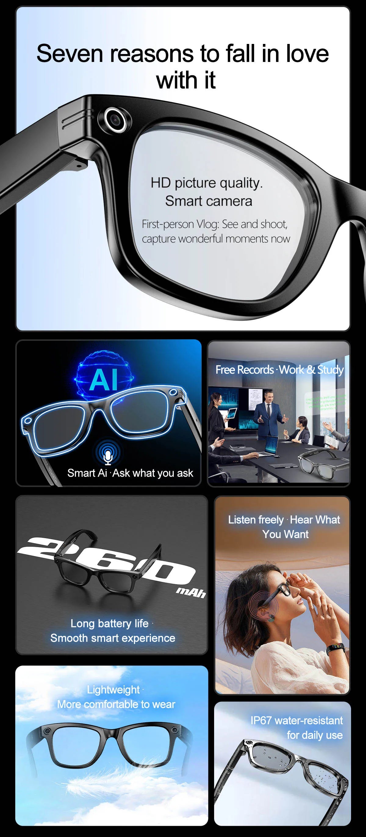 Smart Glasses Recording Videos AI Photo Recognition Answer Translation 260mAh Large Battery IP65 Waterproof Bluetooth Glasses