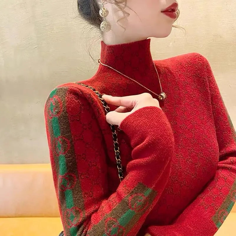 Women's Clothing Elegant Fashion Letter Knit Pullover Autumn All-match Slim Long Sleeve Half High Collar Pullovers Lady Chic Top