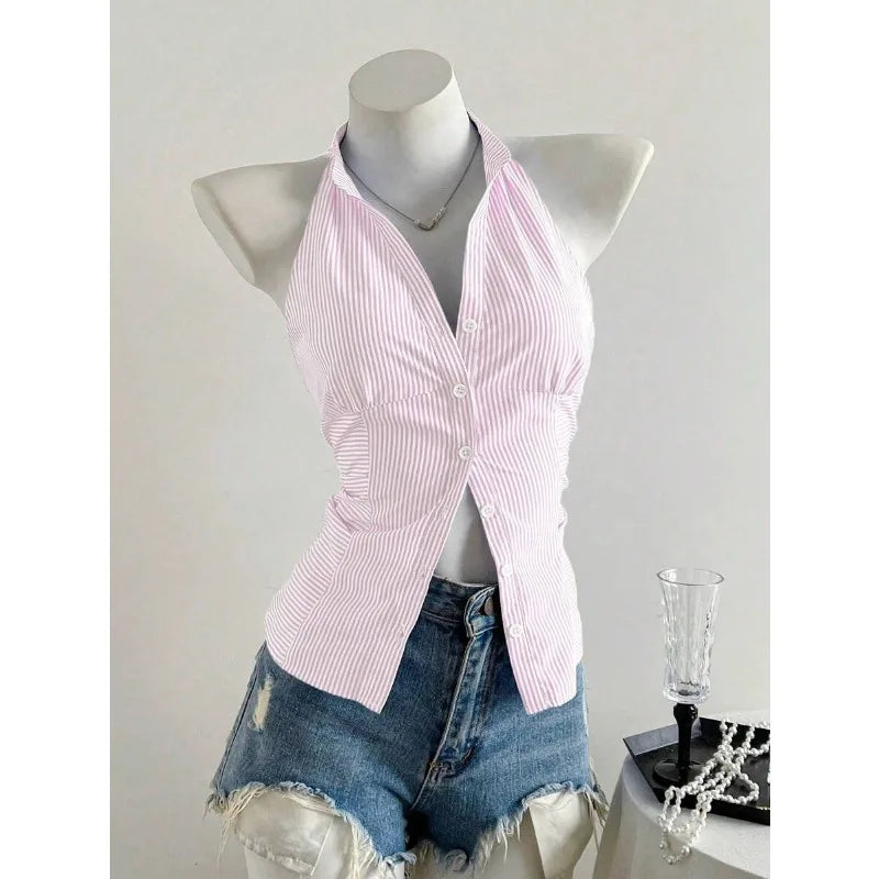 2025 Sexy Fashion Causal Stripe V Neck Sleeveless Holiday Design Plaid Skinny Halter Women Tank Chic Holiday Streetwear Tanks