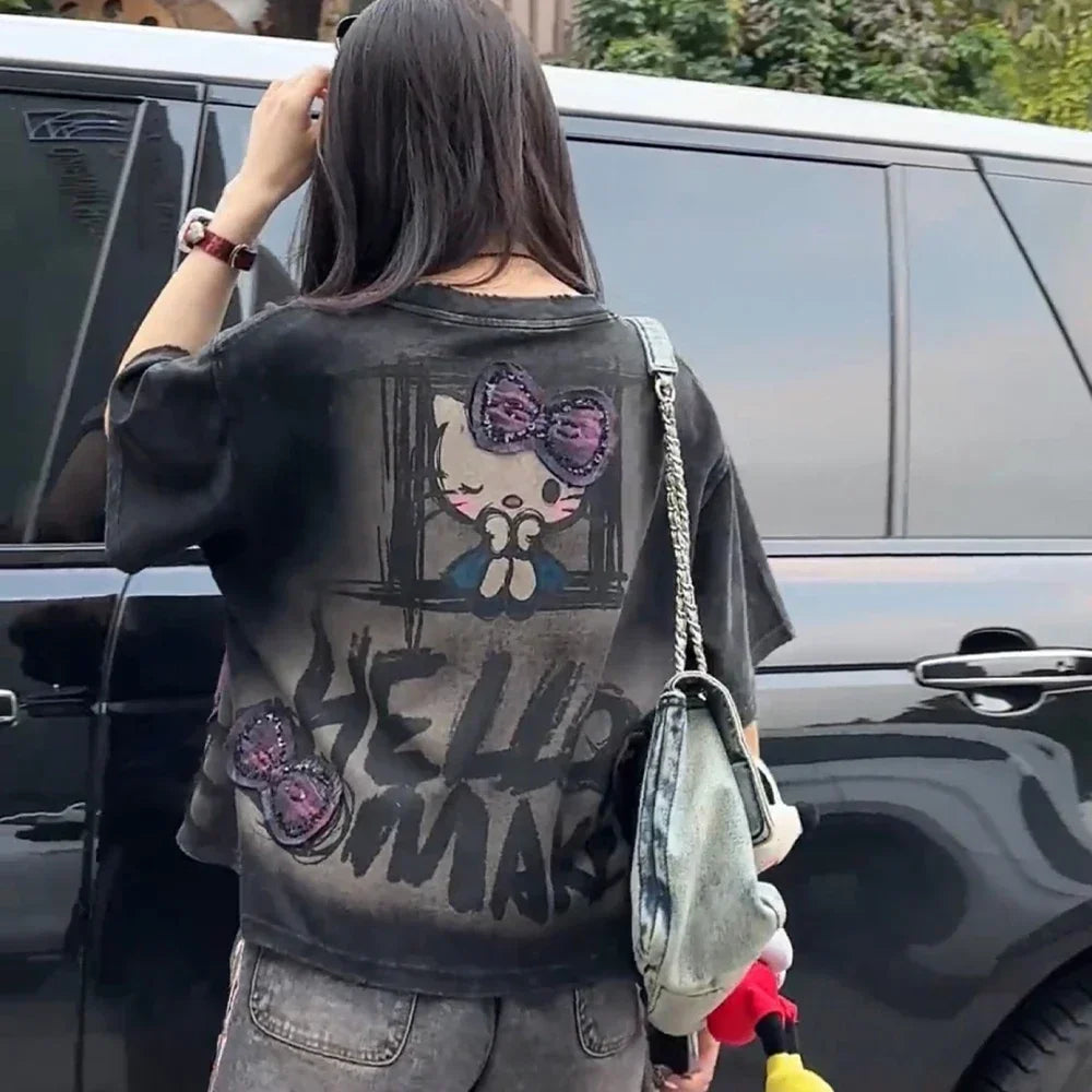 Y2K Hello Kitty Summer Girls T-Shirt Short Sleeve Anime Sanrios Cartoon Cute Sweet Cotton Women Kawaii Casual Loose Trend Tops