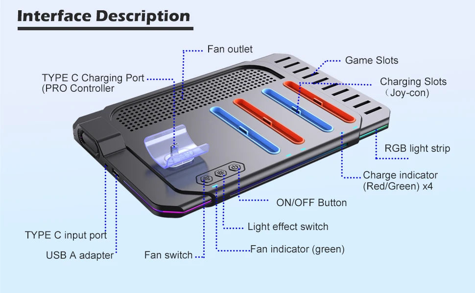 Multi-functional Cooling & Charging Stand SW2139 for Switch 2 with Cooling Fan,10 Game Card Slots & Offering 9 Adj Light Effects
