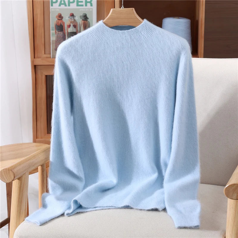 Women's Sweater Semi High Neck Autumn/Winter Pullover Long Sleeved High-End 100% Mink Fur Knitted Sweater Fashion Korean Version